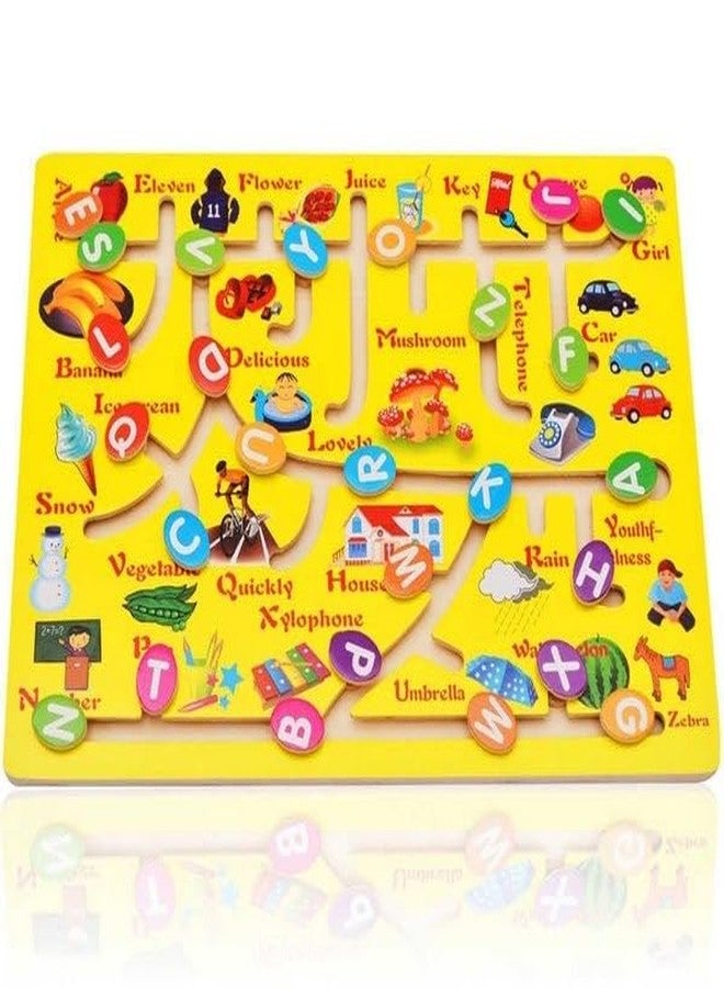 لعبة متاهة الحروف الأبجدية الخشبية للأطفال الصغار من شركة TINY TOYS CO، لوحة تعليمية لألغاز مطابقة الحروف المتحركة 26 حرفًا من الأبجدية الإنجليزية، حل المشكلات، إيجاد المسار، التعرف على الحروف الأبجدية والكلمات - متاهة الحروف الأبجدية (أصفر) - Image 5